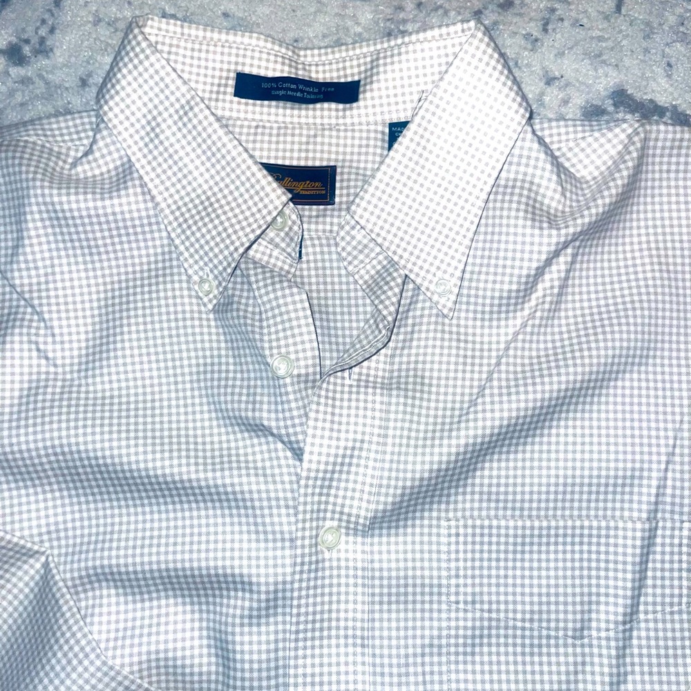 Mens Button down Steve Bullington Shirt Size L tan and white